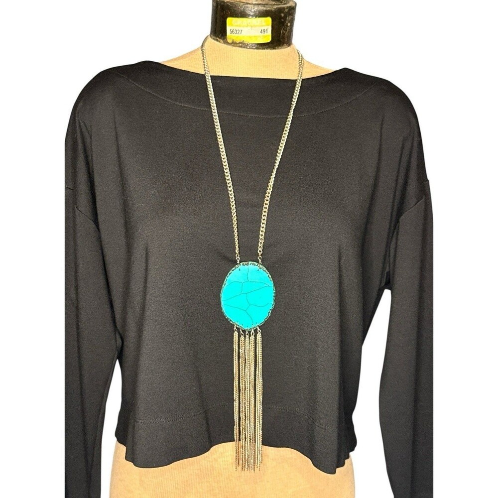 Silver Tone Turquoise Oval Pendant Fringe Necklace Boho‎ Statement